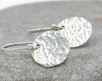 Hammered Silver Disc Earrings: Petite Minimalist Circle Jewelry, Half Inch Lever Back