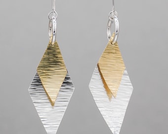 Geometric Mixed Metal Earrings - Hammered Silver & Brass Diamond Shape Handmade Jewelry