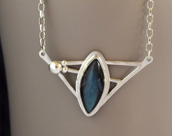 Labradorite Statement Necklace, Handmade Sterling Silver Pendant on Chunky Chain, Adjustable Necklace, Unique One of a Kind Jewelry Gift