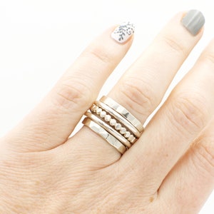 Handmade Sterling Silver Stacking Ring Set: Hammered, Round, & Beaded Bands