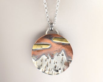 Copper and Silver Mountain Pendant, Landscape Necklace on sterling silver chain, mixed metal jewelry, Mountain Jewelry