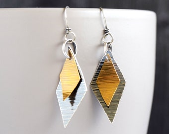 Mixed Metal Hammered Earrings, Modern Handmade Oxidized Silver and Brass Earrings, Geometric Sterling Silver Earrings, Gift for Her