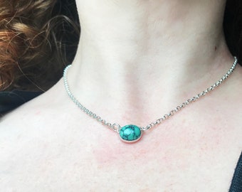 Dainty Turquoise Necklace,  Sterling Silver Choker Necklace, Layering Necklace for Women, Delicate Jewelry, Hubei Turquoise