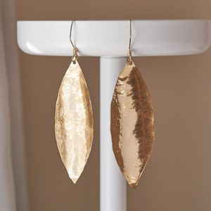 Hammered Brass Leaf Earrings, Long Statement Gold Tone Lightweight Hammered Earrings, Light and Comfortable Bohemian Handmade Jewelry Gift