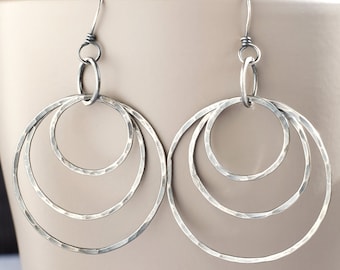 Hammered Silver Multiple Hoop Earrings, Large Circle Earrings, Silver Drop Hoop Earrings, Multi-hoop Earrings, Boho Earrings, Simple Jewelry