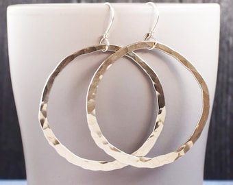 Large Hammered Hoop Earrings, Sterling Silver Hoop, Statement Jewelry, Big Circle Earrings, Silver Hoops, Handmade Gifts for Her