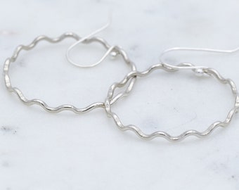 Sterling Silver Circle Earrings, Wavy Hoop, Silver Earrings, Hammered Jewelry, Open Circle Earrings, Gift For Her, Simple Jewelry