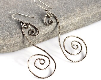 Long Double Spiral Earrings, Statement Celtic Inspired Sterling Silver Organic Shaped Handmade Jewelry, Lightweight Long Earrings