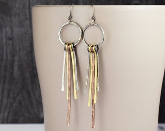 Shoulder Duster Mixed Metal Earrings, Statement Hammered Bar Jewelry for Modern, Boho Style