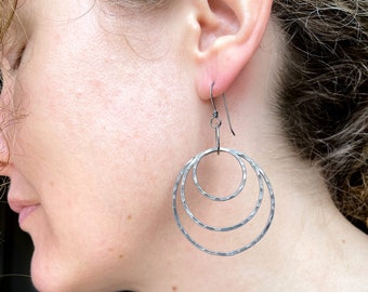 Hammered Silver Multiple Hoop Earrings, Large Circle Earrings, Silver Drop Hoop Earrings, Multihoop Earrings, Boho Earrings, Simple Jewelry