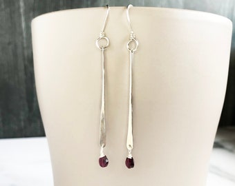 Minimal Garnet Earrings, Silver Bar Earrings with Garnet Gemstone Earrings, Minimalist jewelry, Modern Earrings, Long Earrings