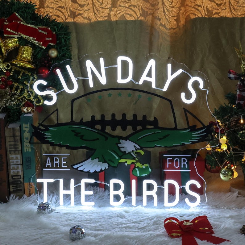 Neon „Niedziele są dla ptaków”, dekoracja „Droga do zwycięstwa” w Filadelfii, prezent dla drużyny futbolowej Birds Gang Philadelphia, prezenty świąteczne dla Philadelphia Birds cold white