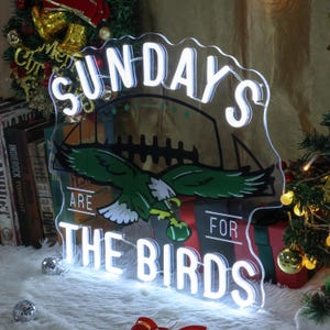 Może przedstawiać: Biały neonowy znak z tekstem "Sundays Are For The Birds" z zielono-czarnym logo Philadelphia Eagles w tle.