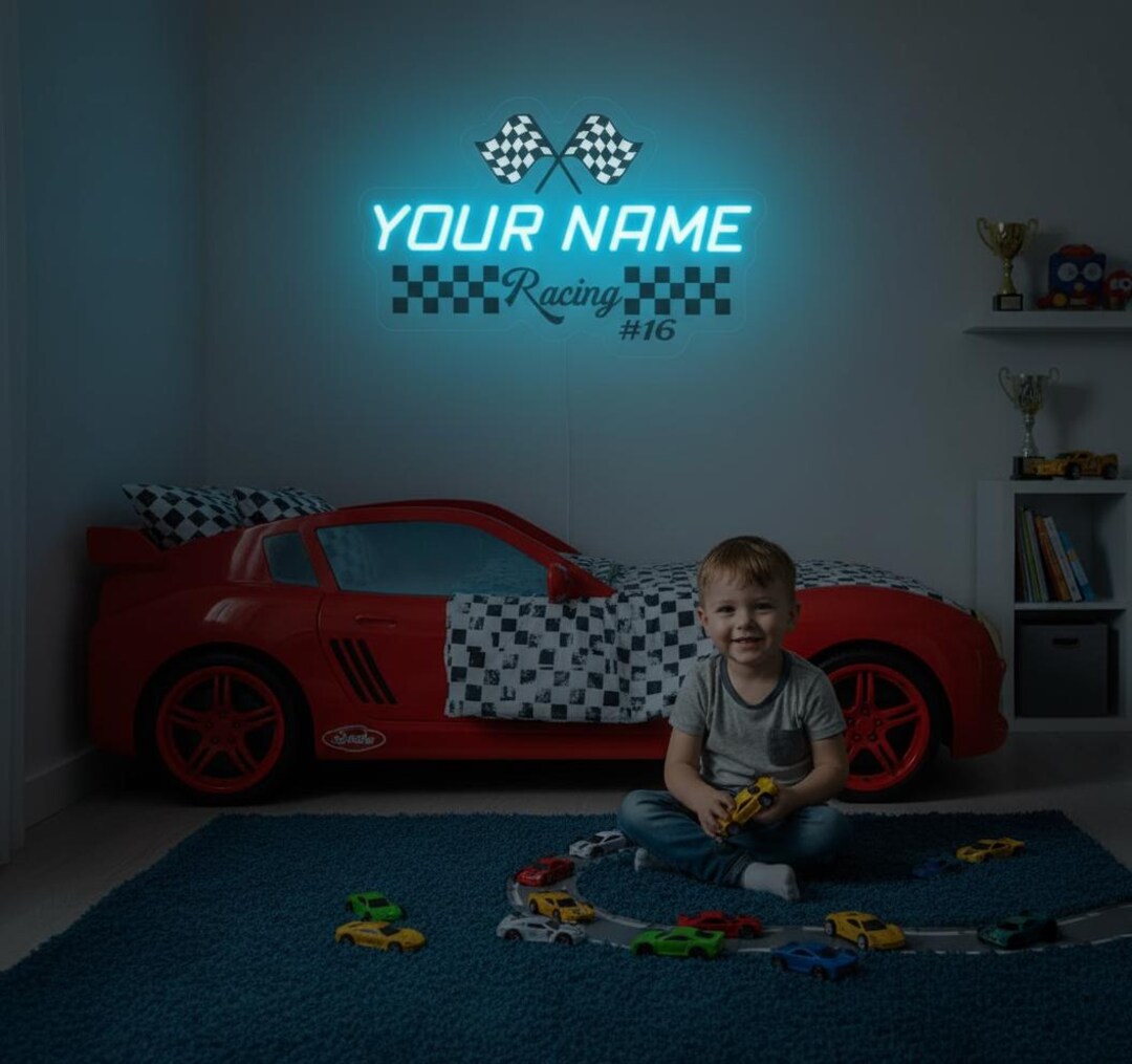 Personalized Racing Neon Sign With Checkered Flag, Custom Race Car Name ...