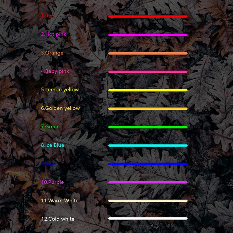 May include: A chart with 12 color swatches, each labeled with a color name. The colors are red, hot pink, orange, baby pink, lemon yellow, golden yellow, green, ice blue, blue, purple, warm white, and cold white.