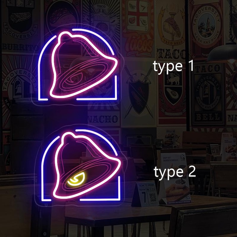 May include: Two neon signs with a Taco Bell bell design. The top sign is blue and pink, and the bottom sign is pink and blue. The signs are labeled "type 1" and "type 2".