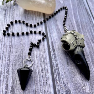 May include: A black and silver pendulum featuring a raven skull and a chain of black beads. The pendulum has a black, triangular crystal. The raven skull is cream and black.