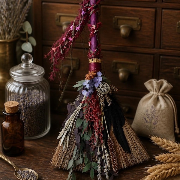 Customizable Handmade Woodland Witch Besom, Protection Broom, Natural Herbs, Feathers, Crystal Choice