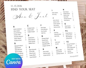 Editable Wedding Seating Chart, Minimalist Template (Digital Download)