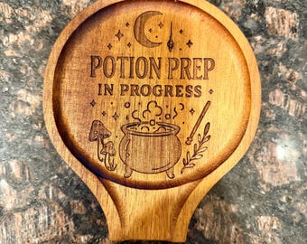 Engraved Wooden Spoon Rest: Potion Prep - Spooky Halloween Kitchen Decor
