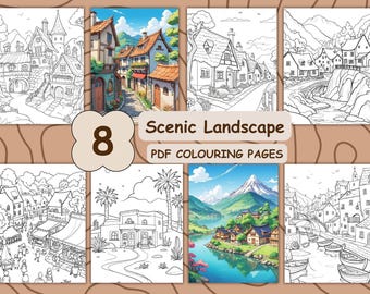 May include: Eight black and white colouring pages featuring scenic landscapes. The pages depict various scenes, including a village with a castle, a town with a river, and a mountain range with a lake.  "Scenic Landscape PDF Colouring Pages" is written in the centre of the image.