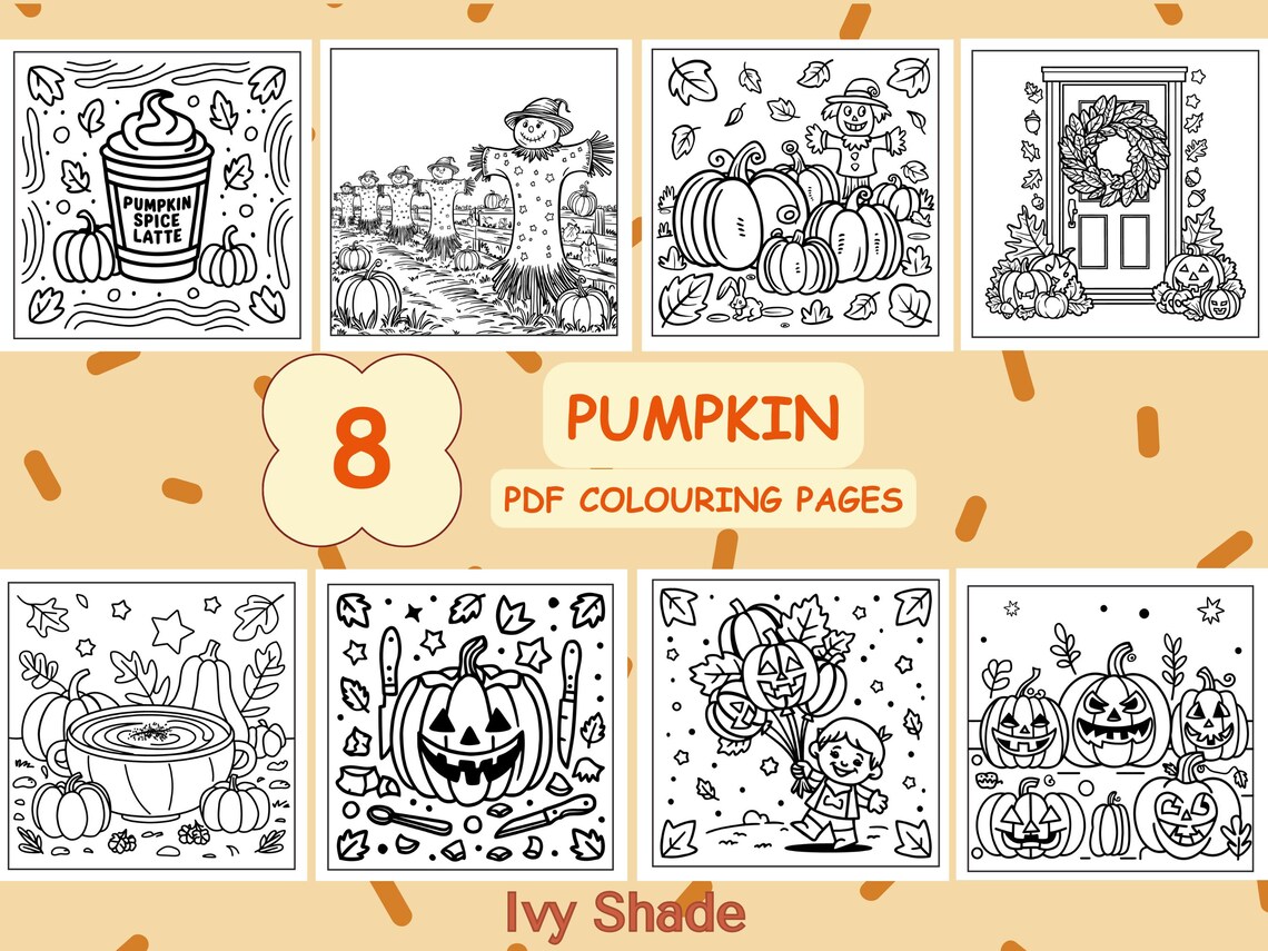 8 Pumpkin Colouring Pages PDF Printable Autumn Theme Coloring Pages ...