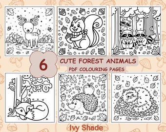 May include: Six black and white colouring pages featuring cute forest animals. The animals include a deer, squirrel, raccoon, fox, hedgehog, and cat. The pages are decorated with leaves, acorns, and stars.