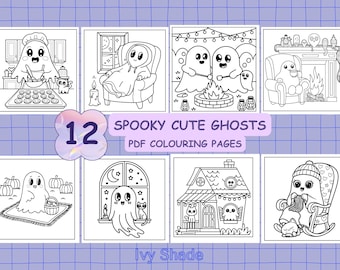 May include: Twelve black and white coloring pages featuring cute ghosts in various Halloween-themed scenes. The title "Spooky Cute Ghosts" and "PDF Coloring Pages" are at the top of the page.