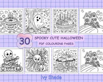 May include: A set of 30 black and white printable Halloween coloring pages featuring cute spooky characters and scenes. The pages include a ghost, spider, pumpkin soup, candy apples, a haunted house, and more.  "30 Spooky Cute Halloween PDF Colouring Pages" and "Ivy Shade" are written at the bottom of the image.