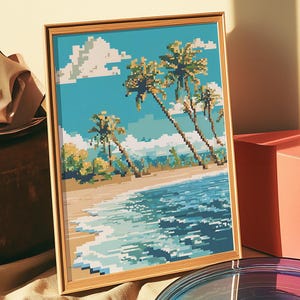 Manifesto di Pixel Art | Spiaggia tropicale | Palme e mare | Stile di gioco retrò | stampa artistica su poster premium opaco