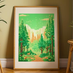 Natura a 8 bit | Foresta di pixel con animali | Poster retrò di natura selvaggia in stile gioco | Stampa artistica premium su carta opaca