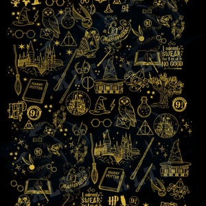 May include: A black background featuring gold illustrations of Harry Potter symbols. The design includes owls, glasses, wands, Hogwarts castle, the Sorting Hat, and text that reads "Harry Potter", "Alohomora", and "I solemnly swear that I am up to no good."