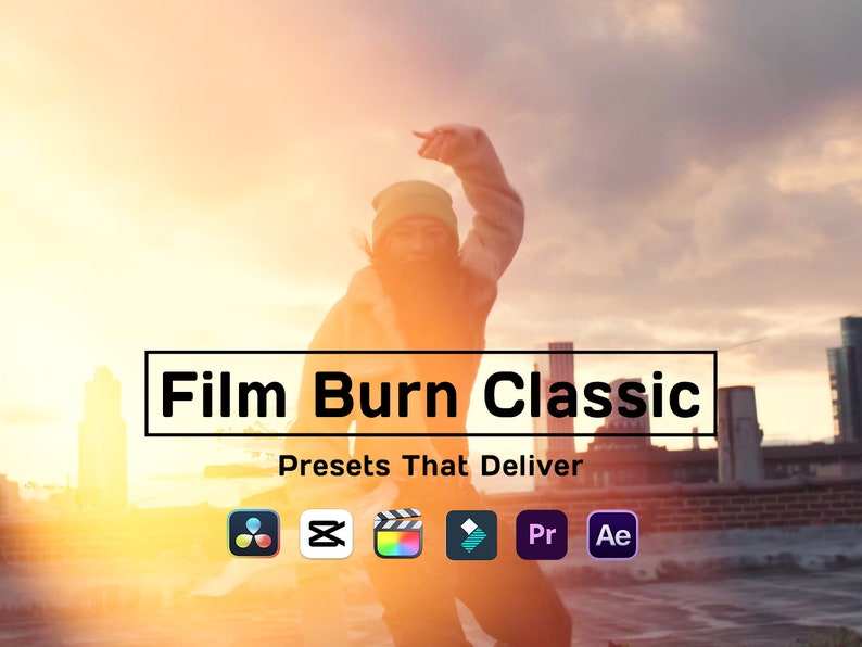 K&ouml;nnte beinhalten: Eine Person mit einem gelben Hut und einer Jacke steht auf einem Dach mit einer Skyline im Hintergrund. Der Text "Film Burn Classic" und "Presets That Deliver" ist auf dem Bild zu sehen. Symbole f&uuml;r Adobe Premiere Pro, After Effects, Final Cut Pro, DaVinci Resolve und Filmora werden unter dem Text angezeigt.