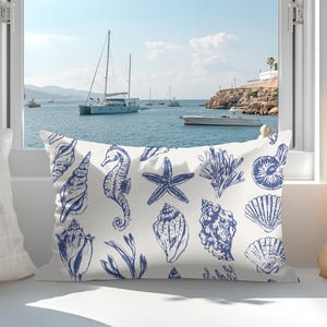 Blue Seashell Lumbar Throw Pillow, Beach House Home Decor, Blue Accent Pillow, Coastal Living Housewarming Gift, Summer Vibes Beach Cushion