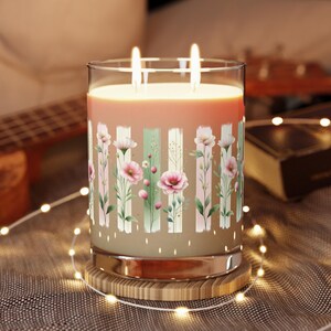 Pastel Wildflower Print Scented Soy Candle, Floral Home Decor, Pink Botanical Pattern Housewarming Gift, Unique Birthday Gift For Her or Mom