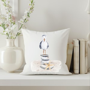 Seagull Reversible Throw Pillow, Coastal Home Decor Cushion, Shore Bird and Seashells Throw Pillow, Beach House Housewarming Nautical Theme