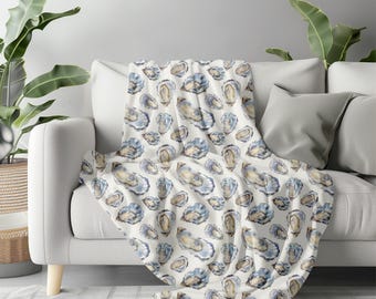 Blue Oyster Throw Blanket, Nautical Theme Housewarming Gift, Coastal Beach Home Decor, Cozy Velveteen Plush Blanket, Coastal Home Accent