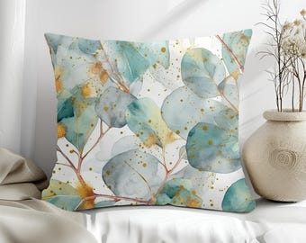 Eucalyptus Leaves Throw Pillow, Botanical Home Decor, Watercolor Eucalyptus Housewarming Gift, Nature Inspired Floral Leaf Home Accent