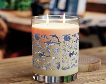 Blue and White Sea Creatures Scented Soy Candle, Ocean Theme Home Decor, Beach House Living Room Accent, Housewarming Gift Idea, Ocean Lover