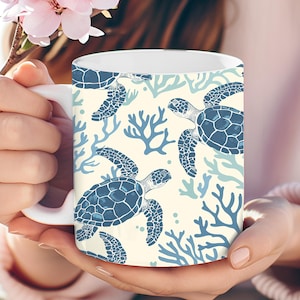 Sea Turtle Ceramic Mug, Ocean Life Coffee Cup, Marine Animal Lover Gift, Nautical Tea Mug, Beach House Decor, Coastal Chic Beach House Decor