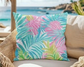 Bright Tropical Leaves Throw Pillow, Outdoor Living Summer Decor, Preppy Beach House Accent, Vacation Home Housewarming Gift, Luau Party