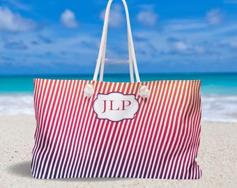 Monogram Striped Weekender Bag for Her, Girls Trip Travel Tote, Personalized Large Duffel Purse, Bachelorette Trip Travel Shoulder Bag