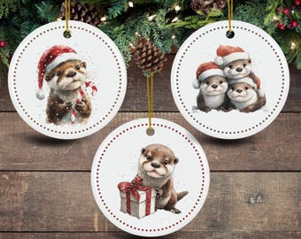 Christmas Sea Otter Ceramic Ornament, Coastal Theme Gift for Sea Lovers, Festive Sea Otters, Gifting Ideas Under 20, Beach Vibes Xmas Decor