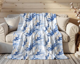 Blue Coral Throw Blanket, Blue and White Coastal Decor, Cozy Blanket Gifting Idea, Beach House Home Accent, Ocean Theme Sea Coral Print