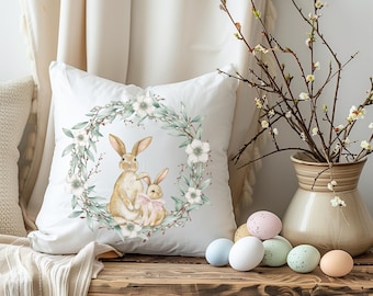 Bunny Floral Wreath Pillow, Spring Nursery Decor, Easter Cushion