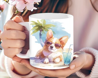 May include: White ceramic mug with a colorful illustration of a corgi wearing sunglasses and relaxing under a palm tree on a beach. The corgi is holding a glass of blue liquid with a straw.