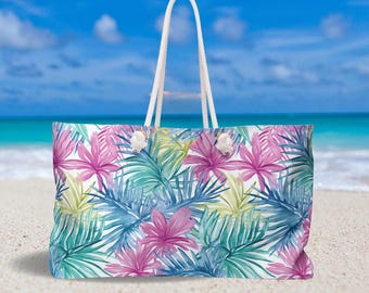 Tropical Weekender Travel Bag, Large Overnight Bag For Her, Floral Weekend Bag Women, Oversized Travel Tote, Beach Bag Gift For Her Vacation