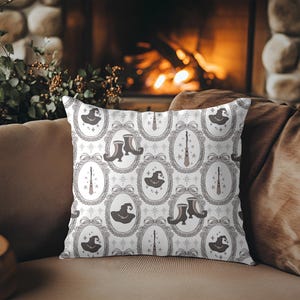 Vintage Witchy Pattern Throw Pillow, Halloween Home Decor, Witch Cottagecore Accent, Whimsical Witch Theme Holiday Throw Pillow Decor