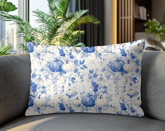 French Blue Pumpkin Chinoiserie Lumbar Pillow, Thanksgiving Home Decor, Fall Season Floral Pumpkin Accent Pillow, Fall Housewarming Gift