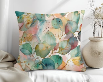 Eucalyptus Leaves Throw Pillow, Botanical Home Decor, Watercolor Eucalyptus Housewarming Gift, Nature Inspired Floral Leaf Home Accent